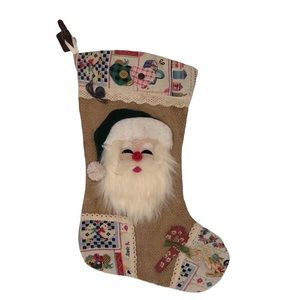 Vtg Natural Burlap Xmas Stocking Appliqué Santa 3D Country Hearts Fabric Birds